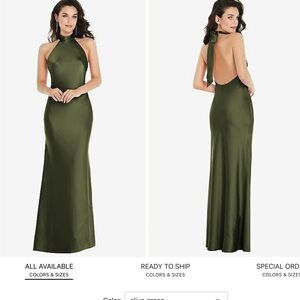Social Bridesmaids Tie High Neck Halter Olive Green Slip Backless Maxi Dress NWT